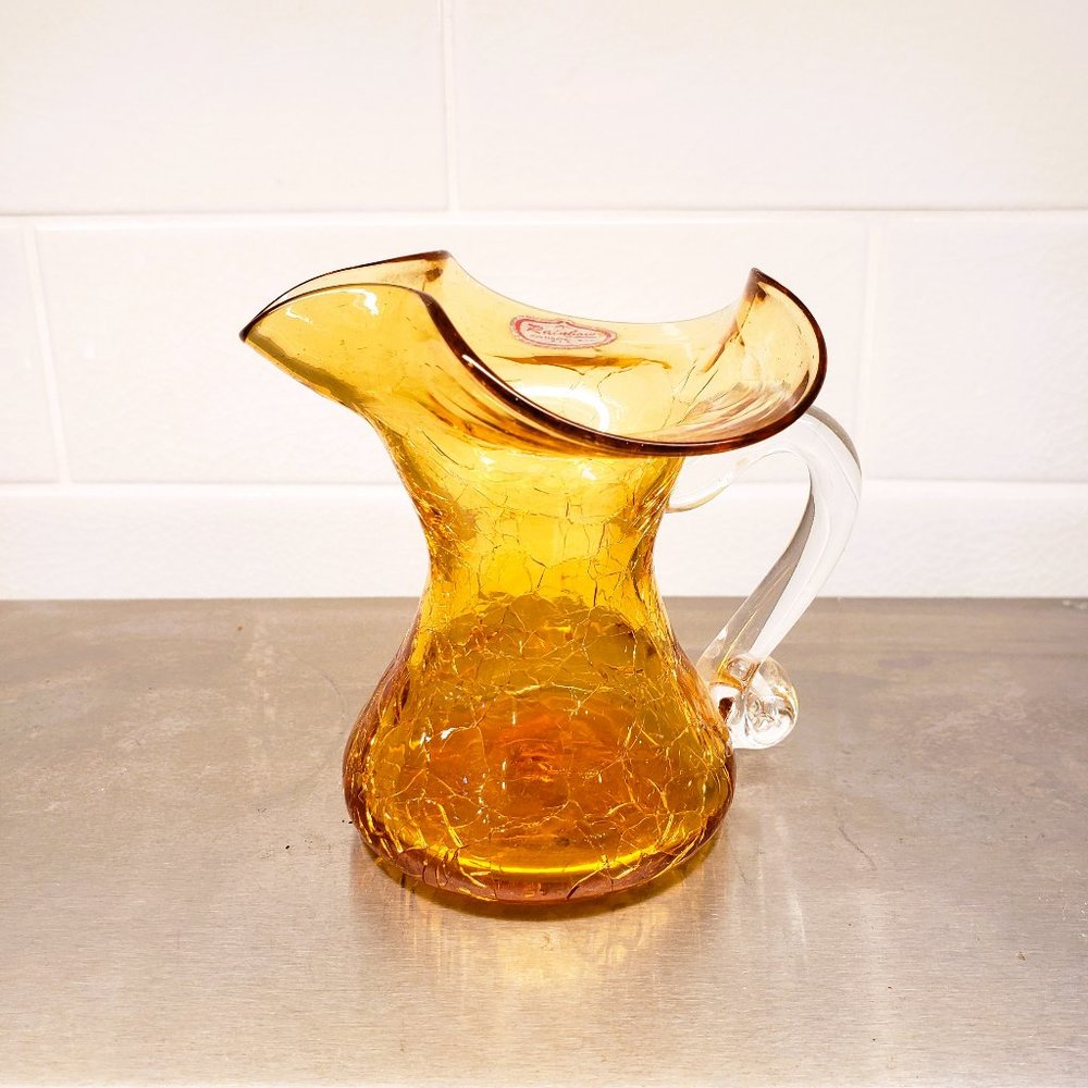 Yellow Amber Crackle Glass Pitcher Creamer Ombre Rainbow Huntington WV Vintage